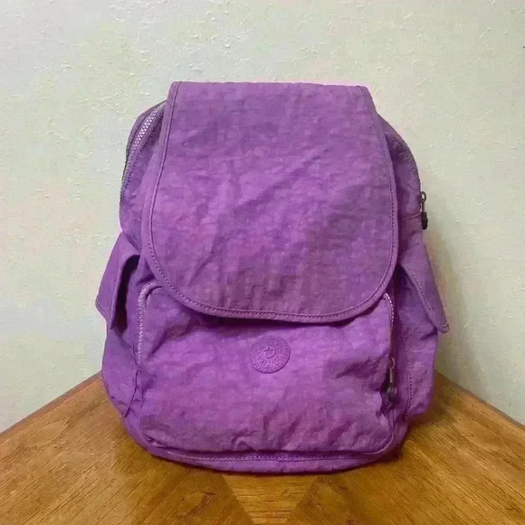 Kipling Small Medium Laptop Backpack Purple Drawstring Monkey Zip Magnetic - Picture 1 of 13